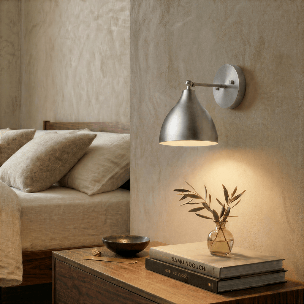 This chrome Clérachic wall lamp lights a bedroom nightstand stacked with books beside a small glass vase.