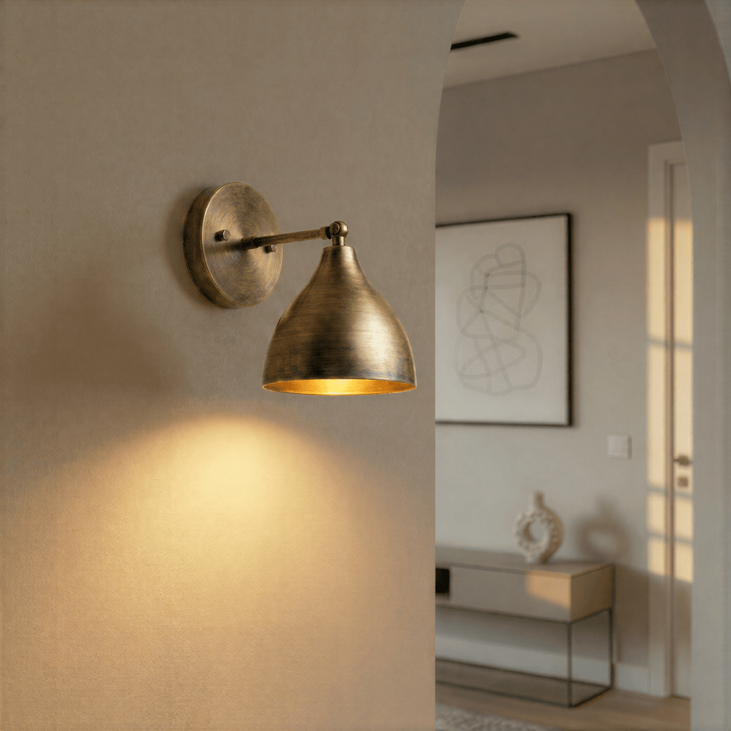 This vintage brass Clérachic wall lamp lights a hallway arch leading to a console table and framed art.