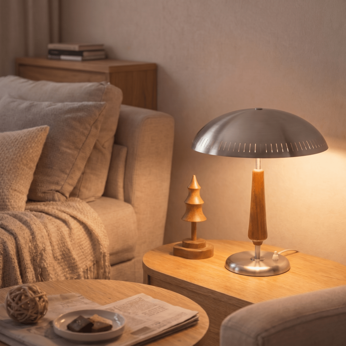 Clérachic chrome table lamp glowing on a wooden side table beside a small carved wooden tree ornament.