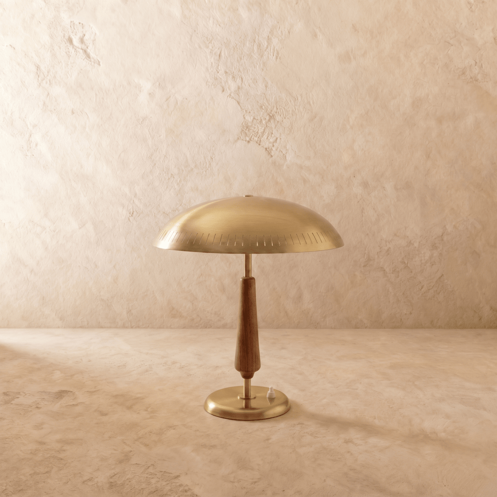 Clérachic table lamp in polished brass, the dome shade and walnut stem shown from another angle.