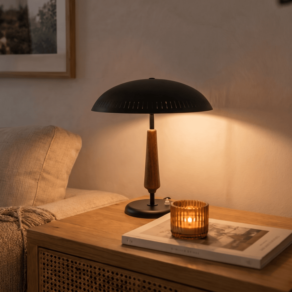 Clérachic matte black table lamp glowing on a wooden side table beside a lit candle and a framed print.