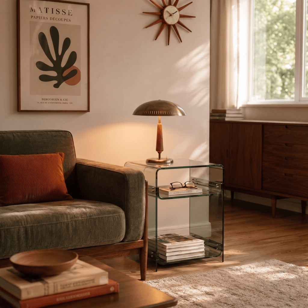 Clérachic vintage brass table lamp glowing on a glass side table beneath a framed leaf-motif print and a starburst clock.