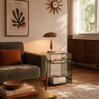 Clérachic vintage brass table lamp glowing on a glass side table beneath a framed leaf-motif print and a starburst clock.