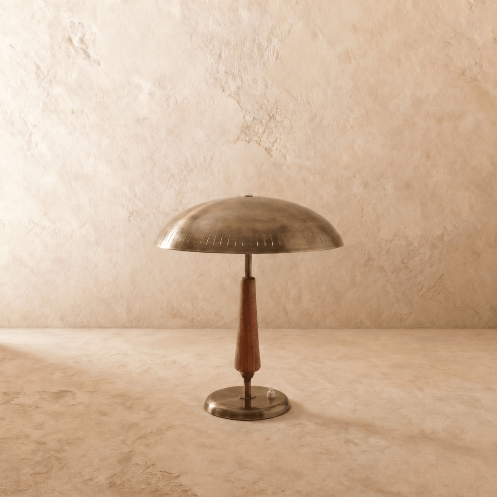 Clérachic table lamp in vintage brass, the dome shade and walnut neck viewed from a slightly different angle.