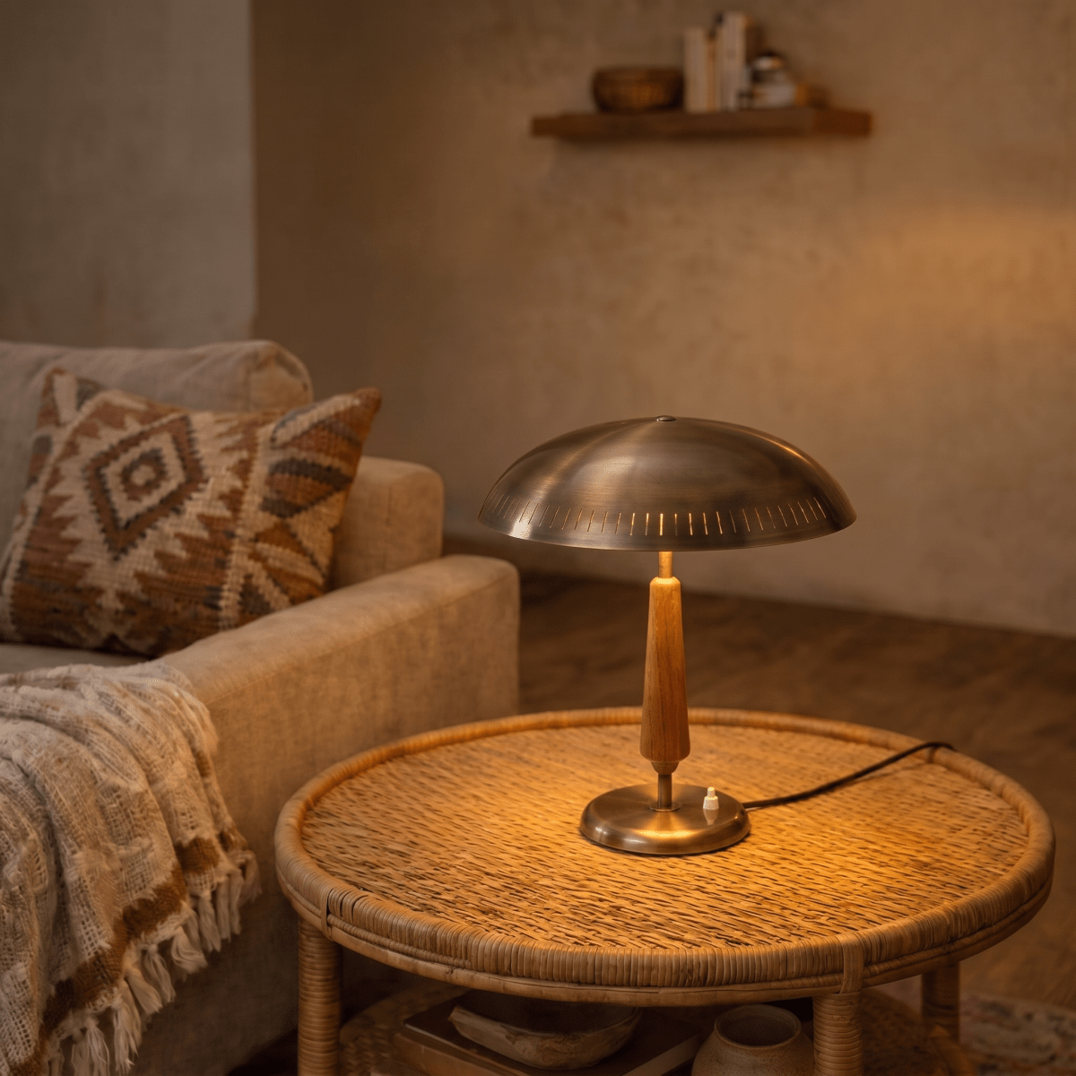 Clérachic vintage brass table lamp glowing on a woven rattan side table beside a patterned cushion and throw.