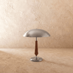 Clérachic table lamp in chrome, the dome shade and walnut stem shown from a slightly different angle.