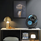Sculptural metal table lamp glowing in a styled room