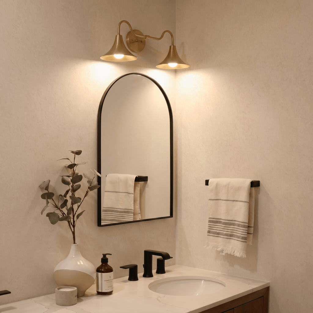 Clérachic brass double-head wall sconce mounted above an arched mirror beside a hanging linen towel in a bathroom.