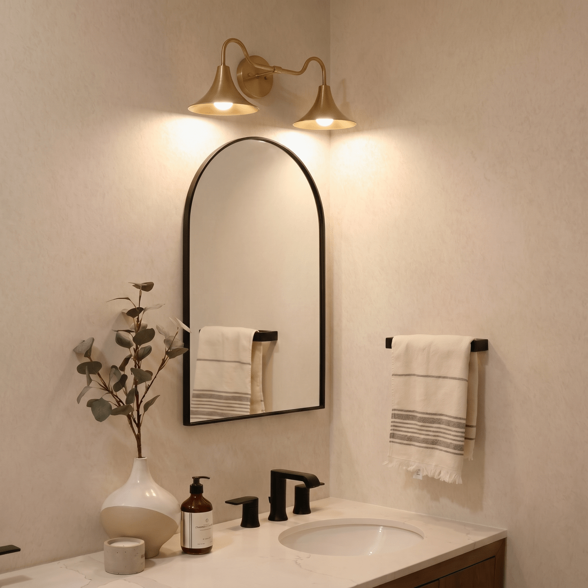 Clérachic brass double-head wall sconce mounted above an arched mirror beside a hanging linen towel in a bathroom.