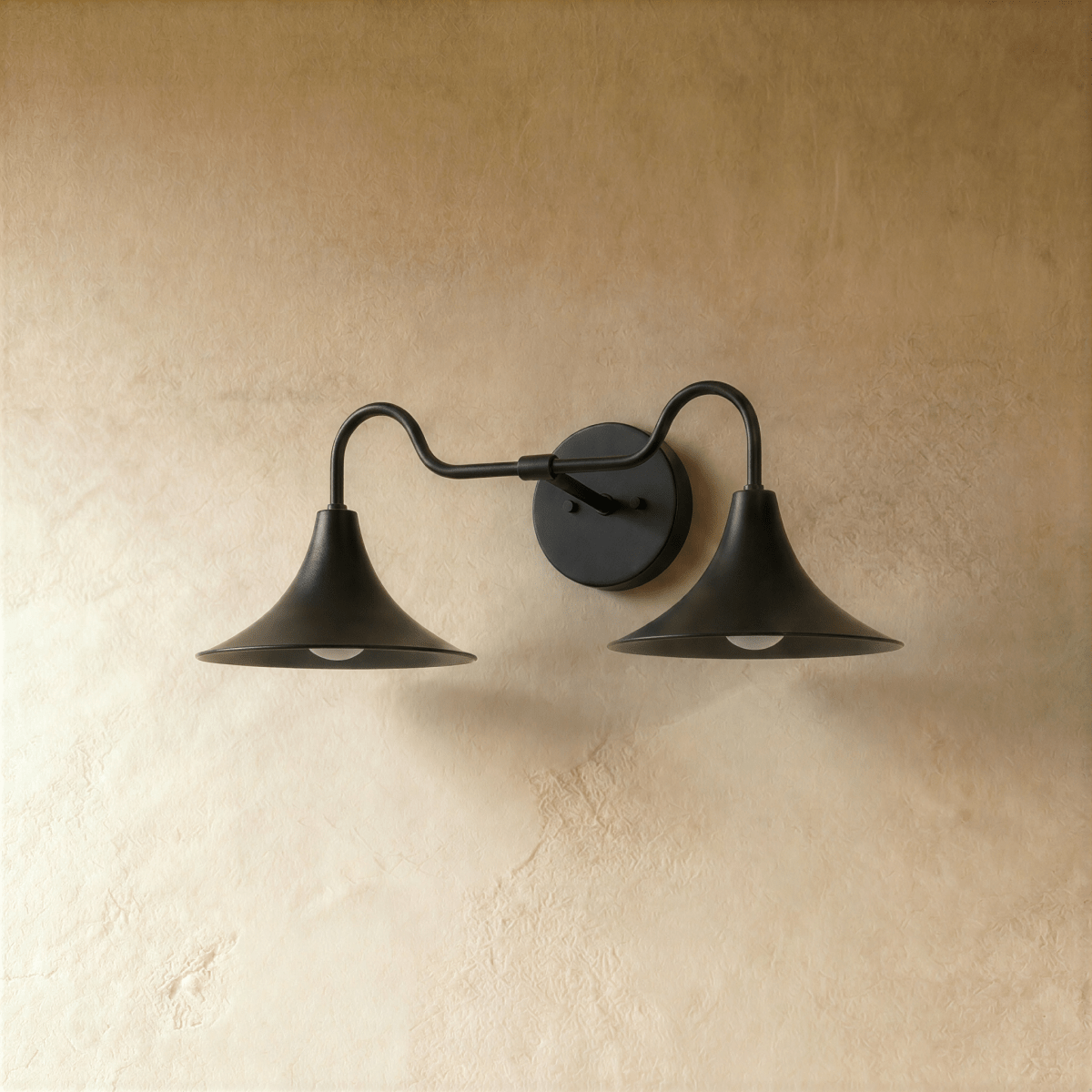 Clérachic double-head wall sconce in matte black, the trumpet shades and gooseneck arms from another angle.