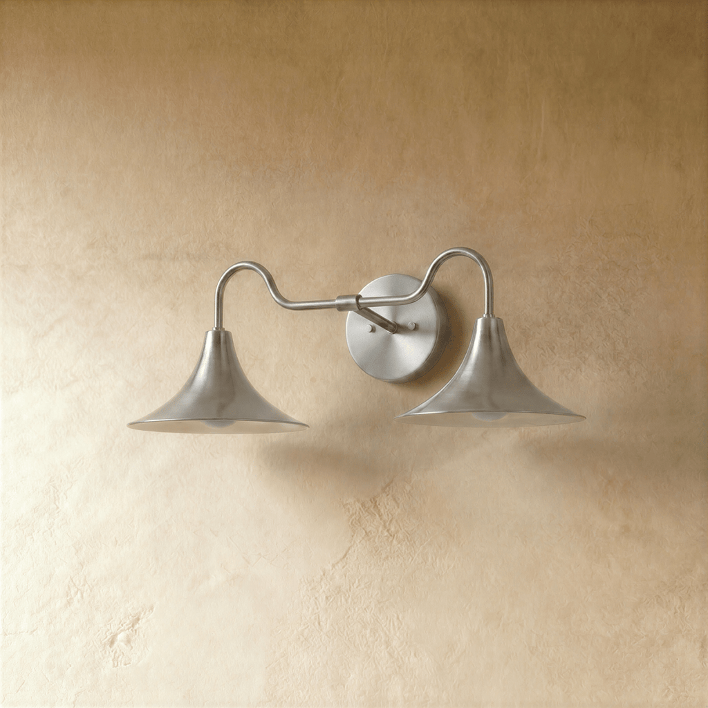 Clérachic double-head wall sconce in chrome, the trumpet shades and gooseneck arms shown from another angle.