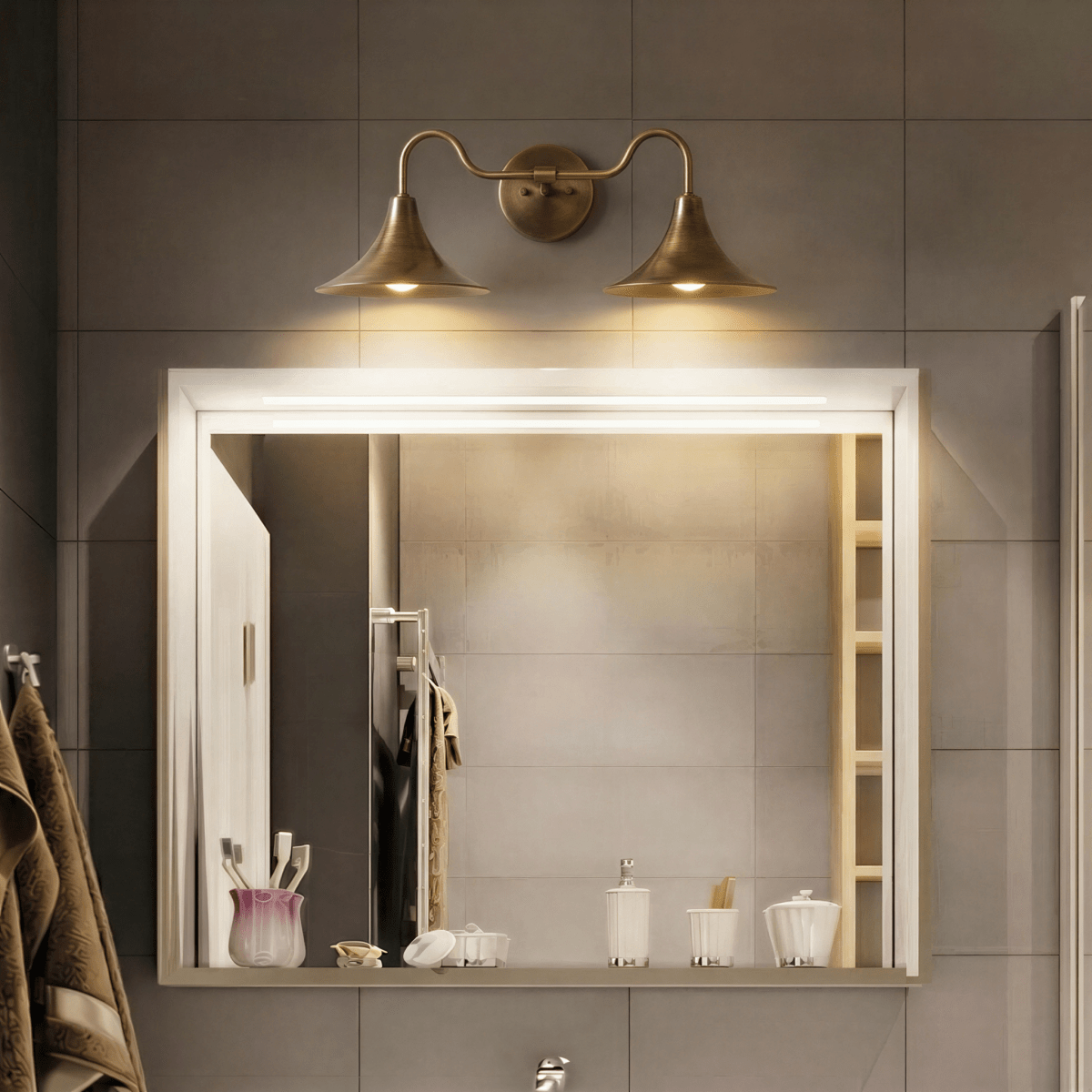 Clérachic brass double-head wall sconce glowing above a framed mirror beside a towel and folded bathrobe.