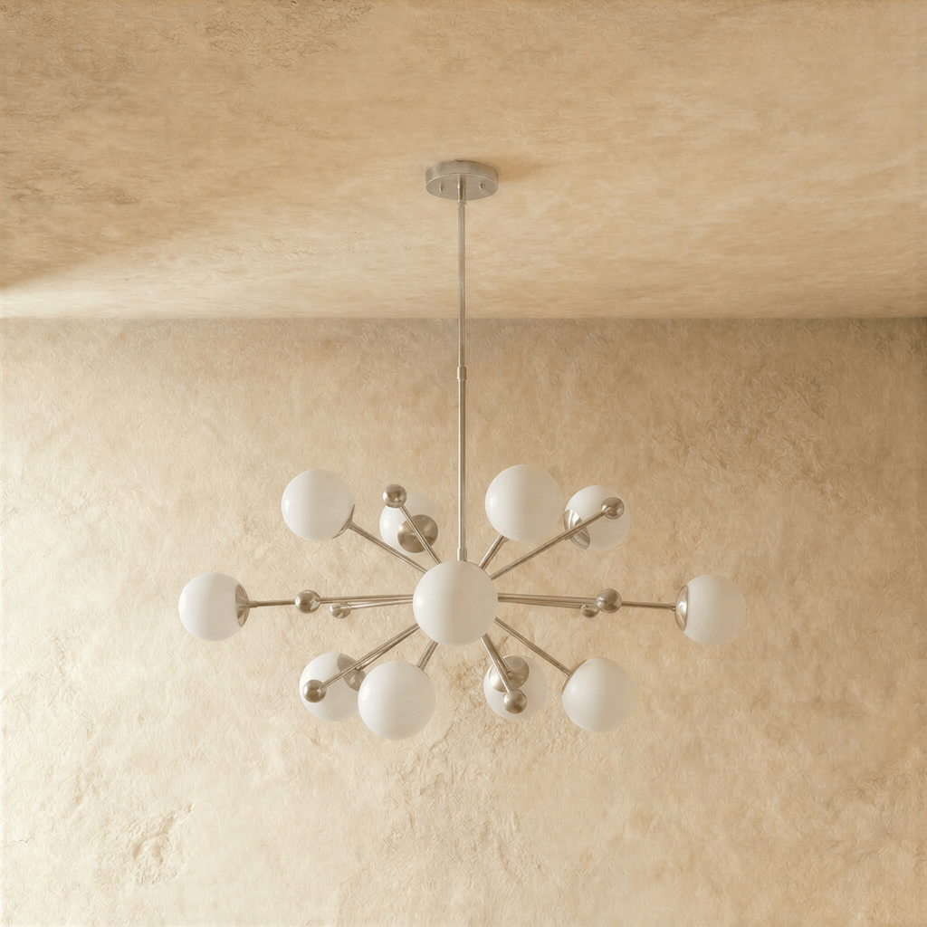 Clérachic chandelier in chrome shown from another angle, globes radiating outward from the rod.