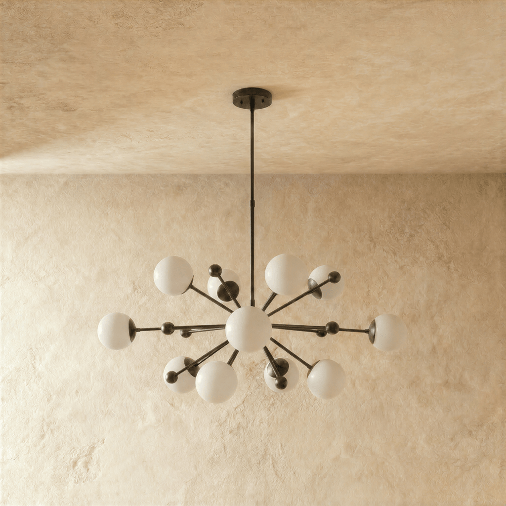 Clérachic chandelier in matte black shown from another angle, globes radiating from a central sphere.