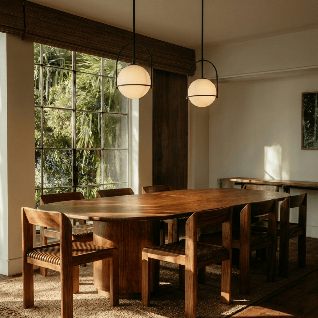 Clérachic globe pendant lights in matte black, paired above an oval wood dining table with woven-seat chairs and greenery beyond the window.