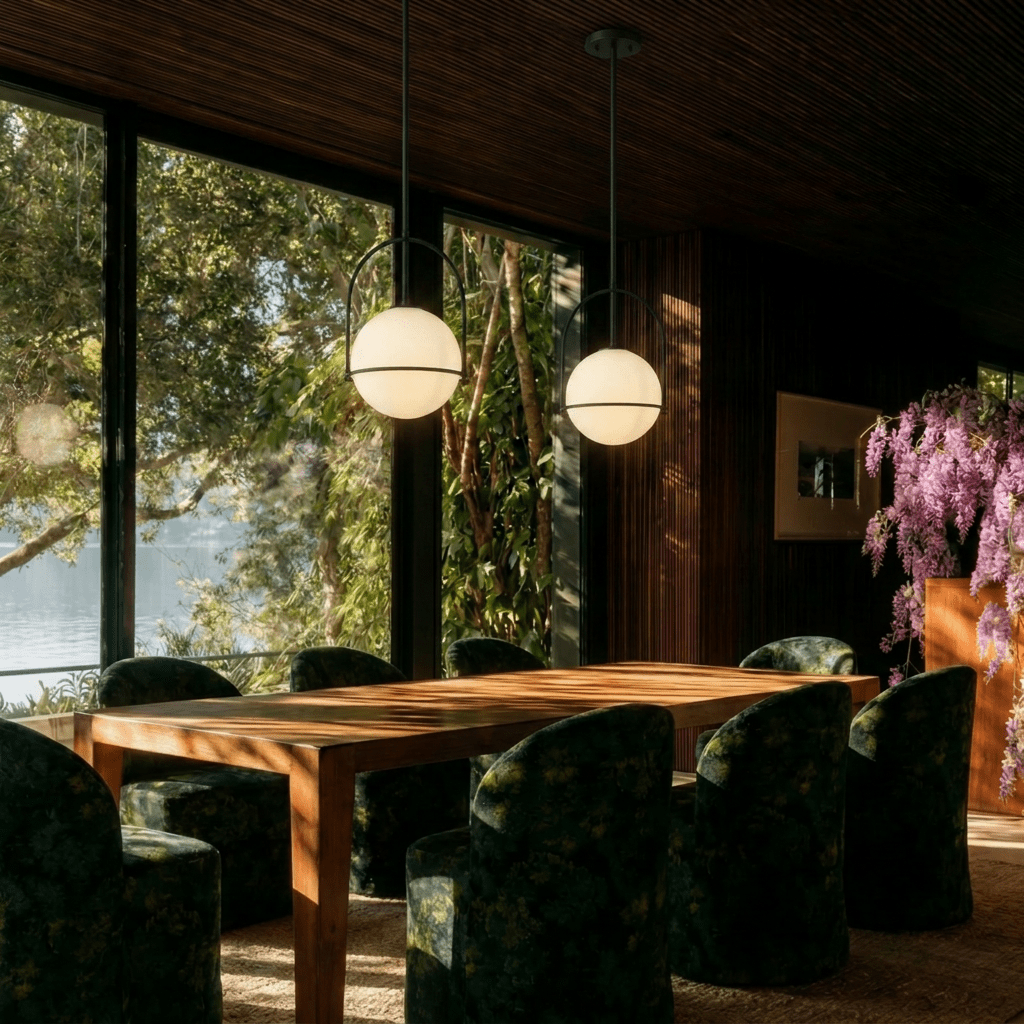Clérachic globe pendant lights in matte black, paired above a dining table with patterned velvet chairs and a lake framed by the glass wall.
