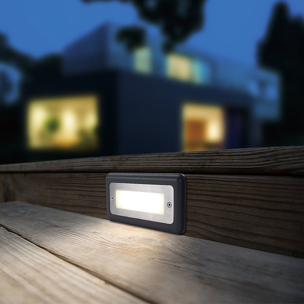 Recessed Aluminum Step Light With Stainless Steel Cover, Warm LED Glow