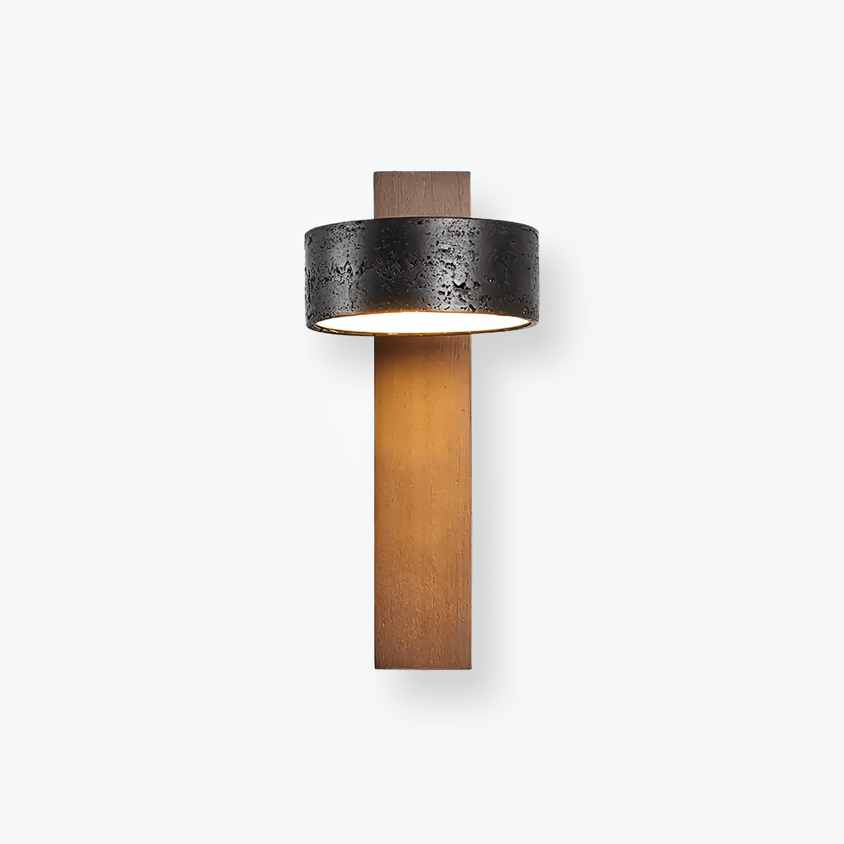 Product shot of this Clérachic wall light on white, its black travertine drum sitting above a walnut wood bar.