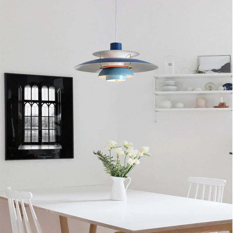 Multicolor Pendant Light With LED Glow, Tiered-Shade Retro Ceiling Lamp