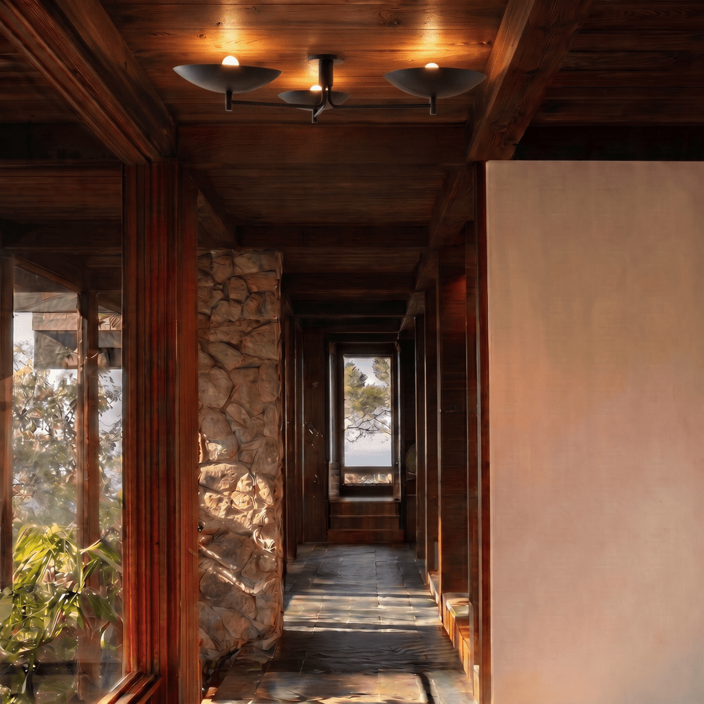Clérachic ceiling light in matte black lighting a timber hallway that opens to a stone-walled corridor.