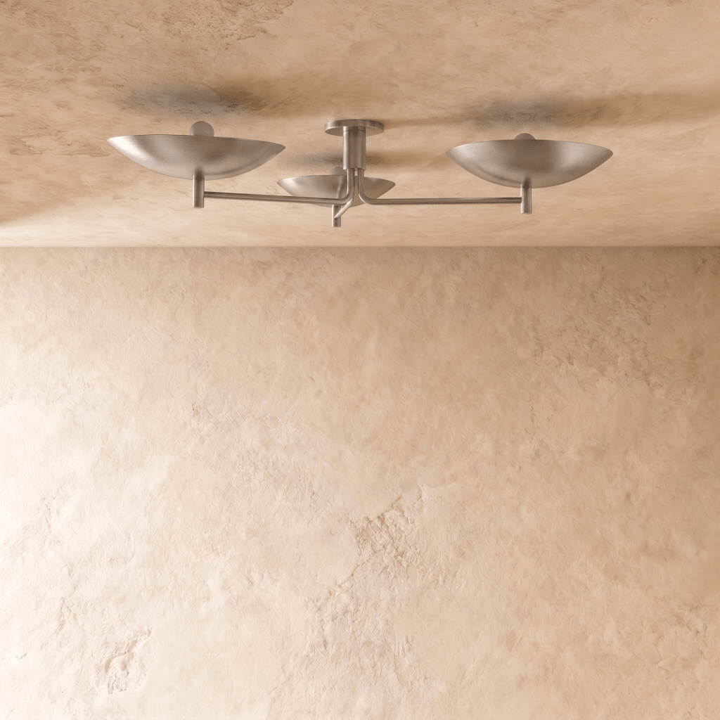 Clérachic ceiling light, close view of the three angled shades and slender branching arms.
