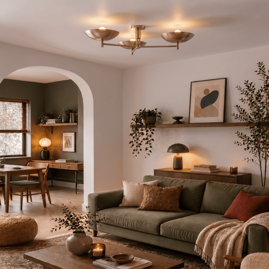 Clérachic ceiling light in brass over a living room with an arched doorway and potted greenery.