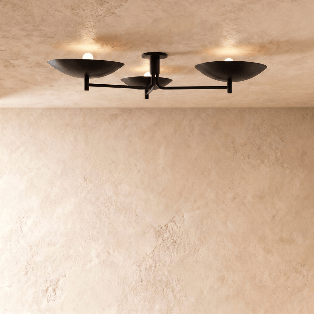 Clérachic ceiling light in matte black, three boat-shaped shades branching from a central mount.