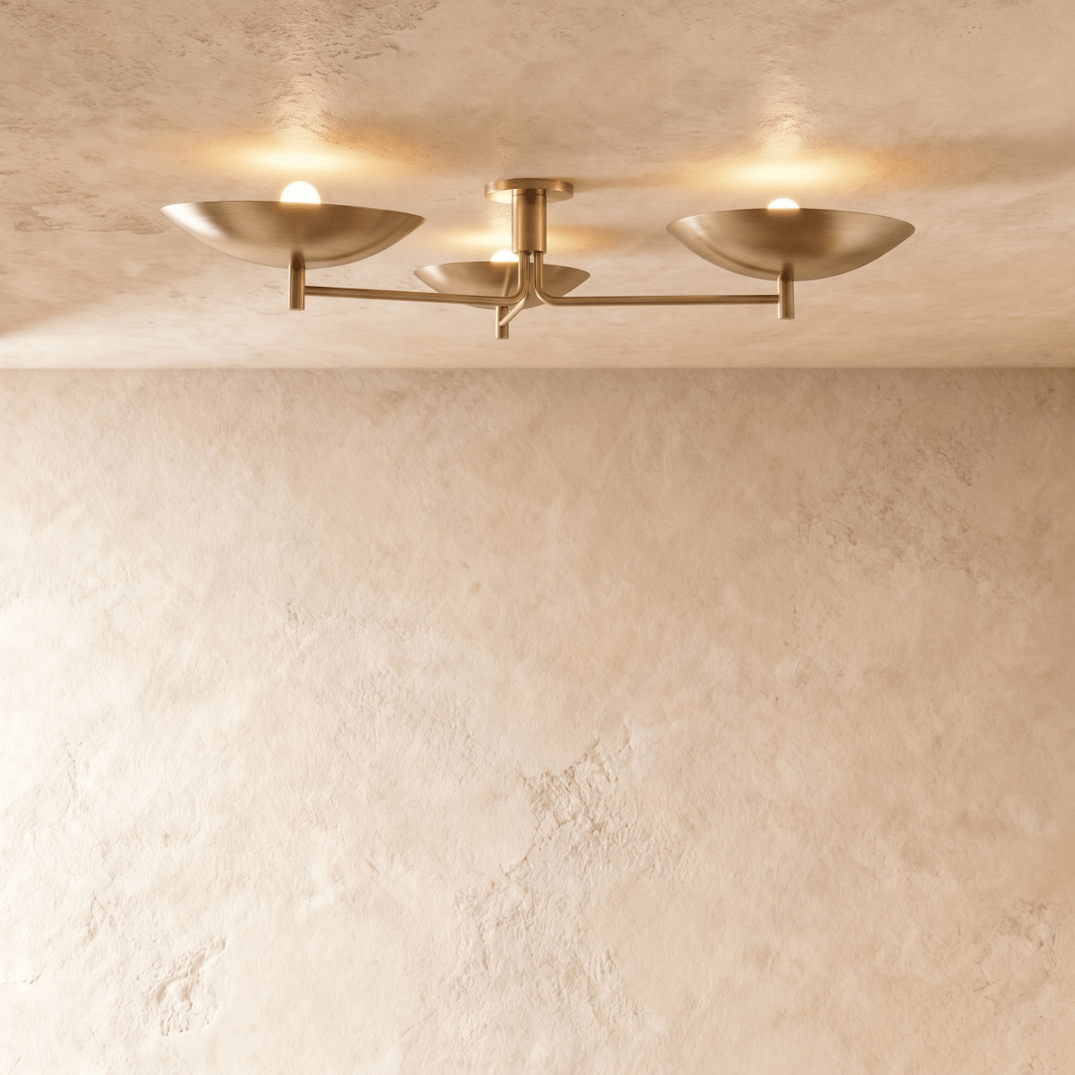 Clérachic ceiling light in vintage brass, three boat-shaped shades branching from a central ceiling mount.