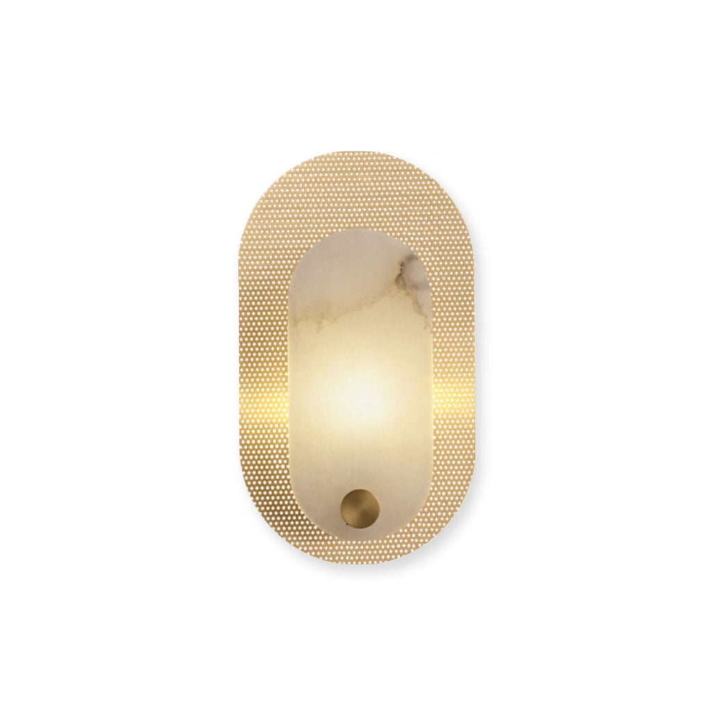 The sconce shown straight on and lit against white, alabaster glowing through the oval opening.