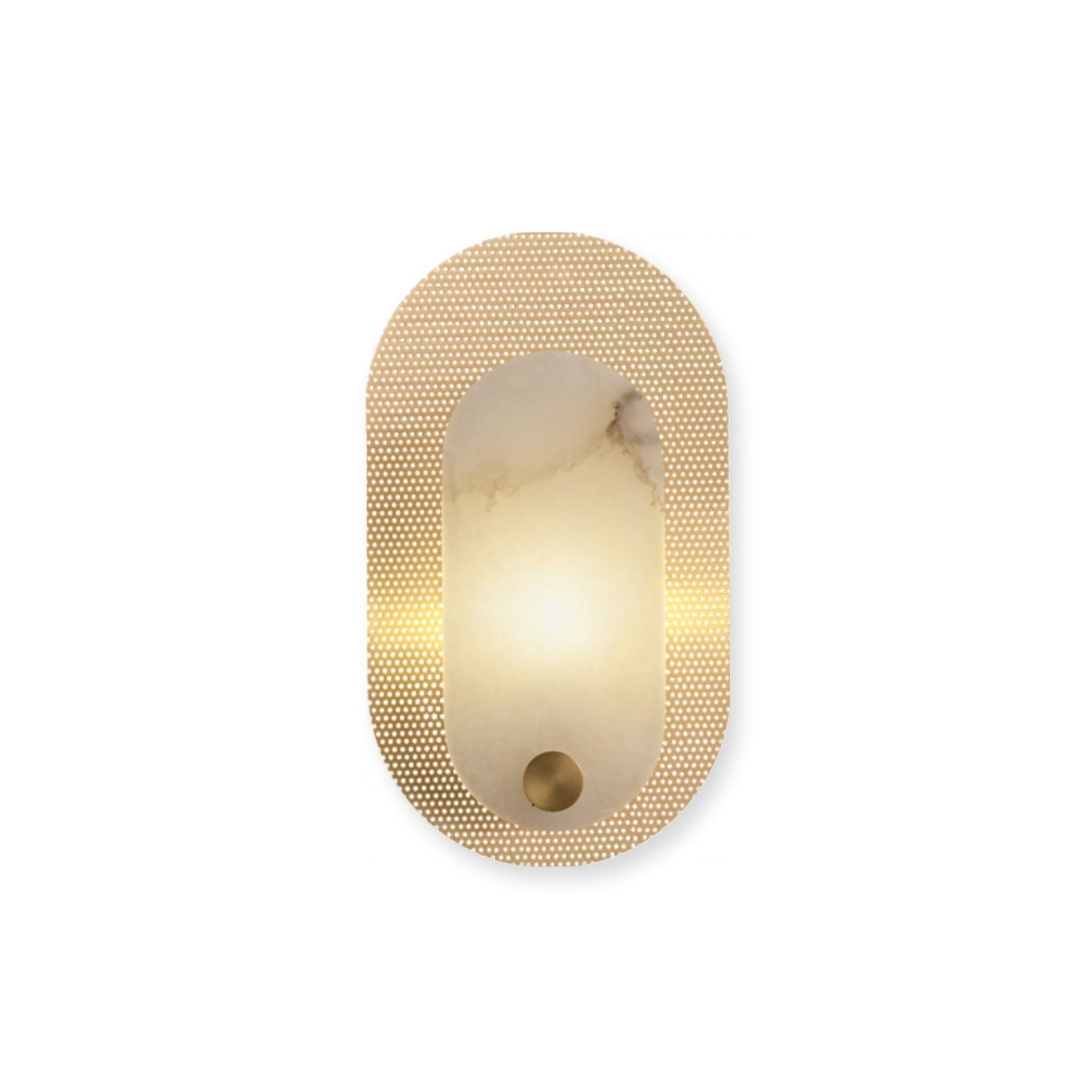The sconce shown straight on and lit against white, alabaster glowing through the oval opening.