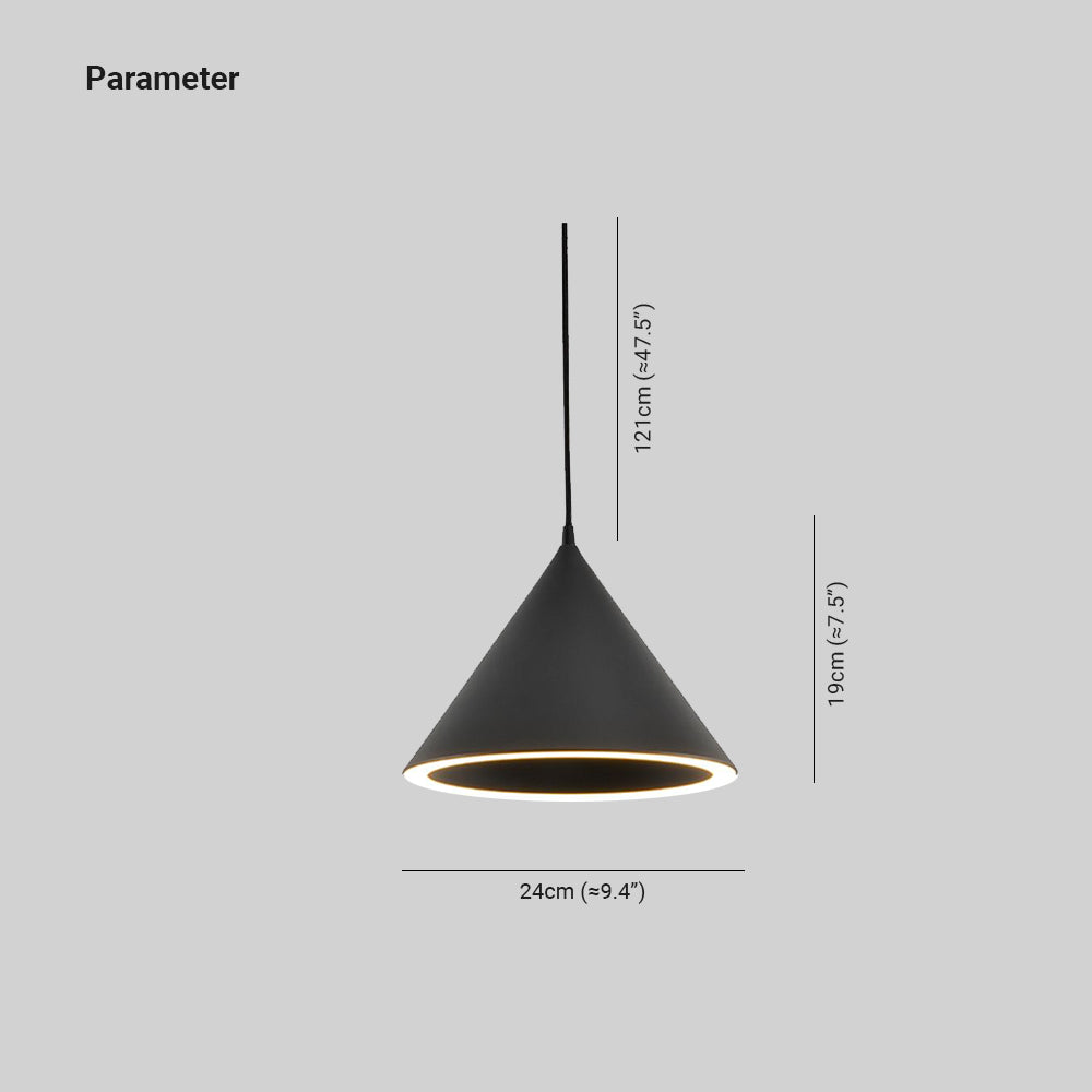 Dimension drawing for the Clérachic Funnel Pendant Light: shade 24cm (≈9.4″) wide, 19cm (≈7.5″) high, on 121cm (≈47.5″) of flex.
