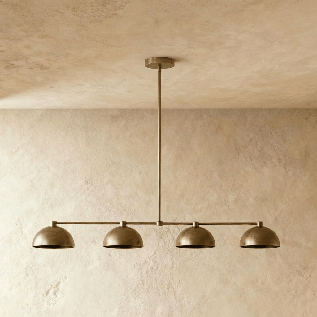 Clérachic four-dome bar pendant light in aged brass, hung against bare plaster with all four rims sitting at one height.