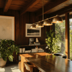 Clérachic four-dome bar pendant light in aged brass, lit above a dark wood table in a timber-panelled room lined with books and plants.