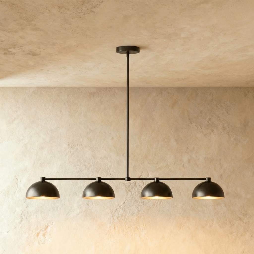 Clérachic four-dome bar pendant light in black, a soft highlight sweeping the upper left of each dome against warm plaster.