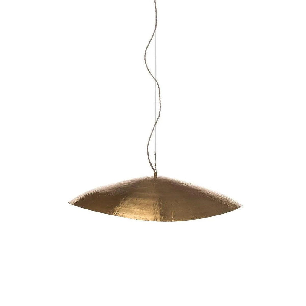 Viewed flat from below, this Clérachic hammered brass shade is shown unlit on white.