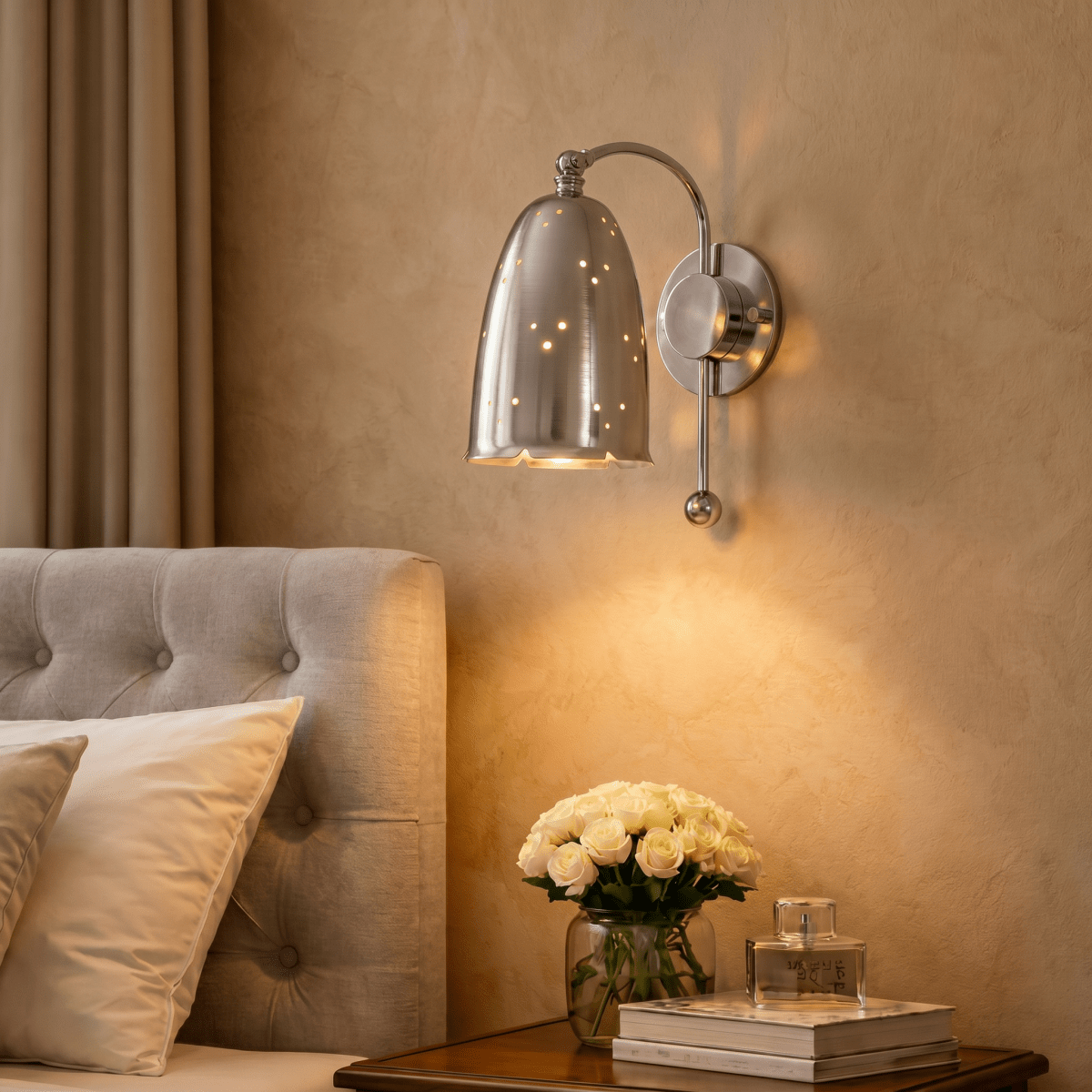 This Clérachic wall lamp in chrome above a tufted headboard nightstand with roses and perfume.