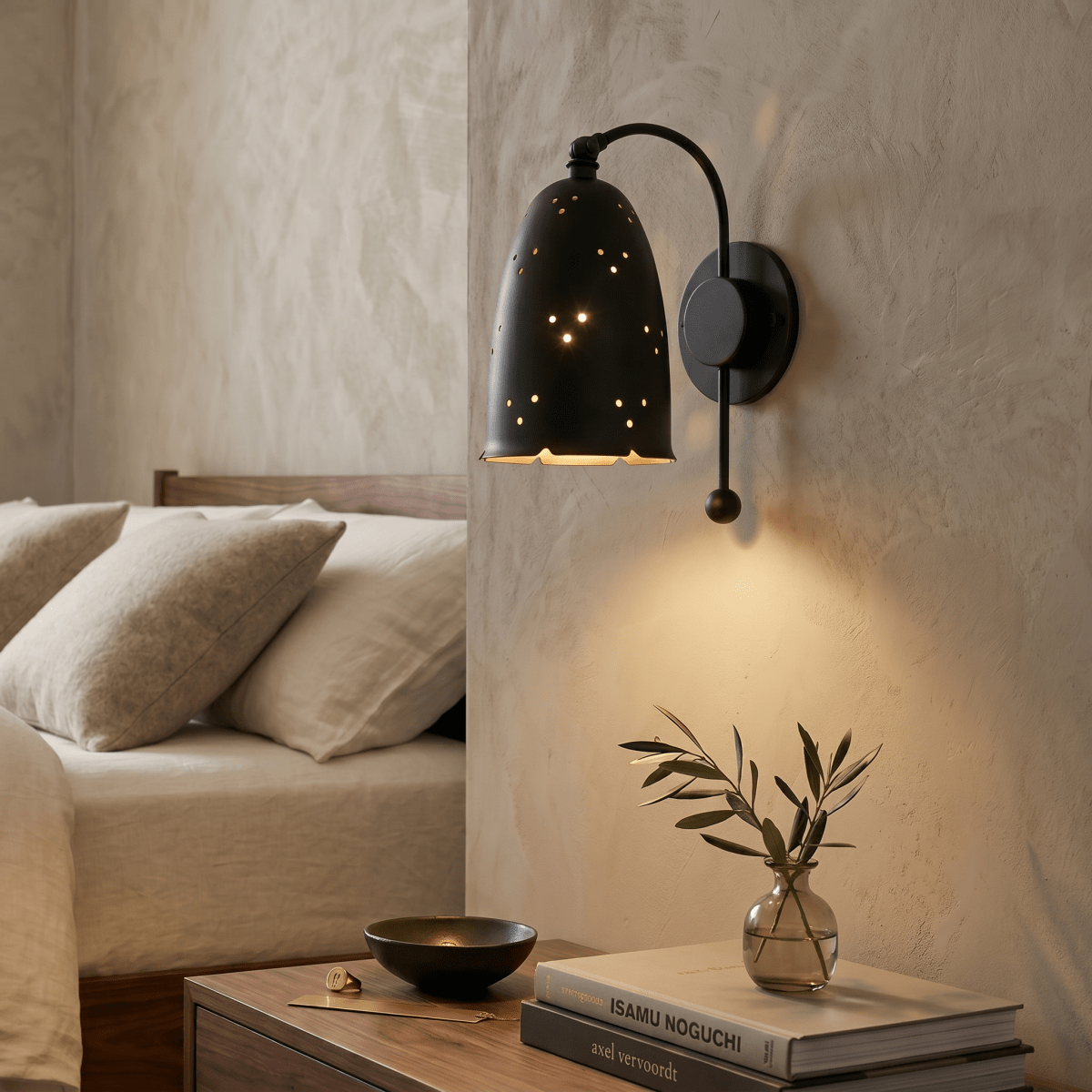 Clérachic wall lamp in matte black above a wooden nightstand with stacked design books and a vase.