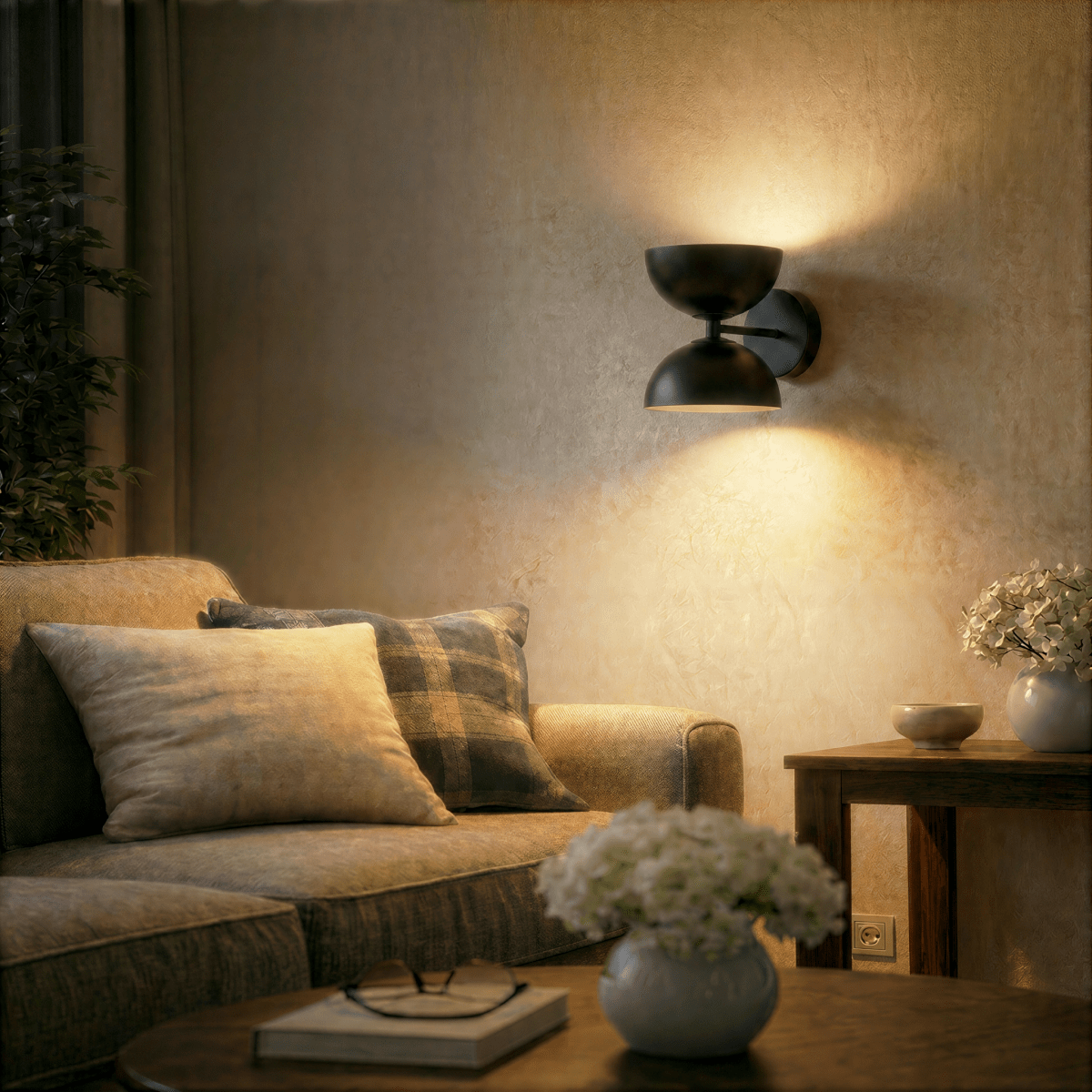 Clérachic matte black double-dome wall sconce lit above a sofa with cushions and a vase of white flowers.