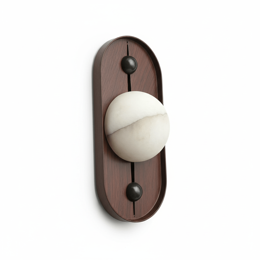 Three-quarter view of the oval walnut Koyan wall light unlit, showing the globe's depth off the plate.