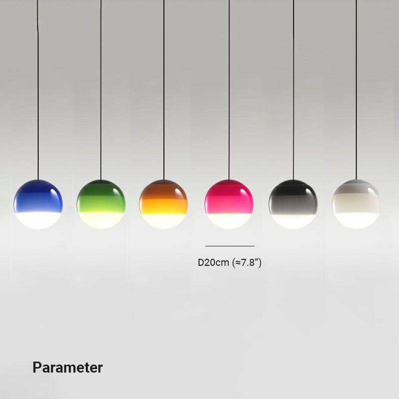 Dimension drawing for the Clérachic dipped gradient glass pendant light, 20 cm (≈7.8″) in diameter, shown in all six colours.