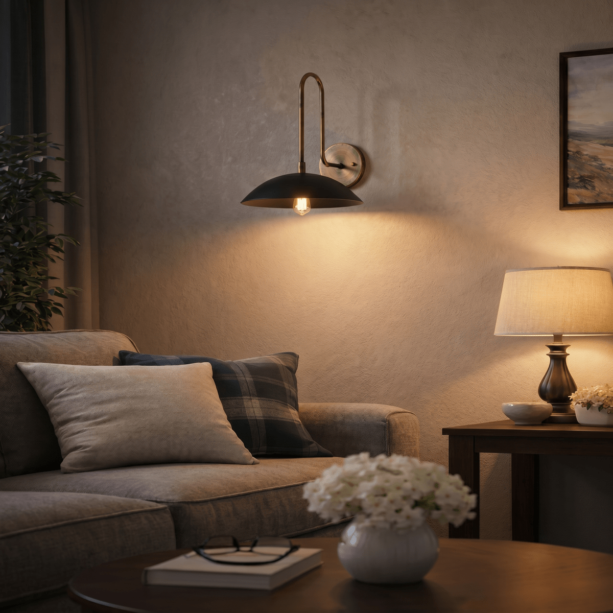 In a living room, this vintage brass Clérachic wall lamp lights a beige sofa corner with its black dome shade.