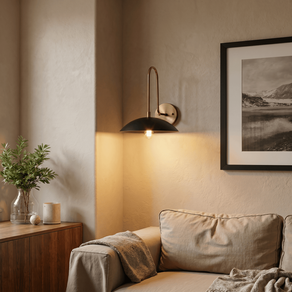 This vintage brass Clérachic wall lamp glows above a console table with a framed print in a living room corner.