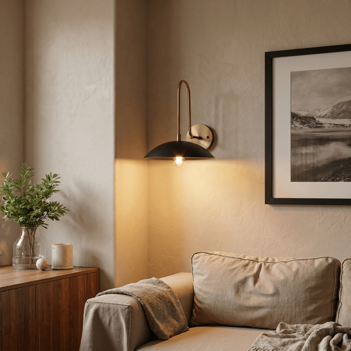 This vintage brass Clérachic wall lamp glows above a console table with a framed print in a living room corner.
