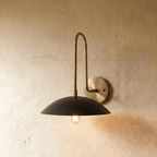 Clérachic wall lamp shown in polished brass, its gooseneck arm rising to a black dome shade over an exposed bulb.