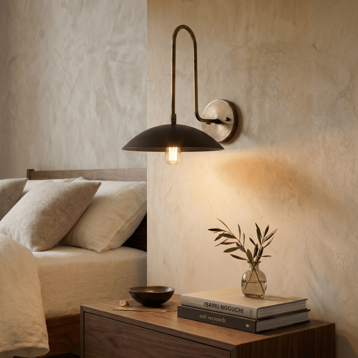 This vintage brass Clérachic wall lamp warms a bedroom nightstand stacked with books beside a small vase.