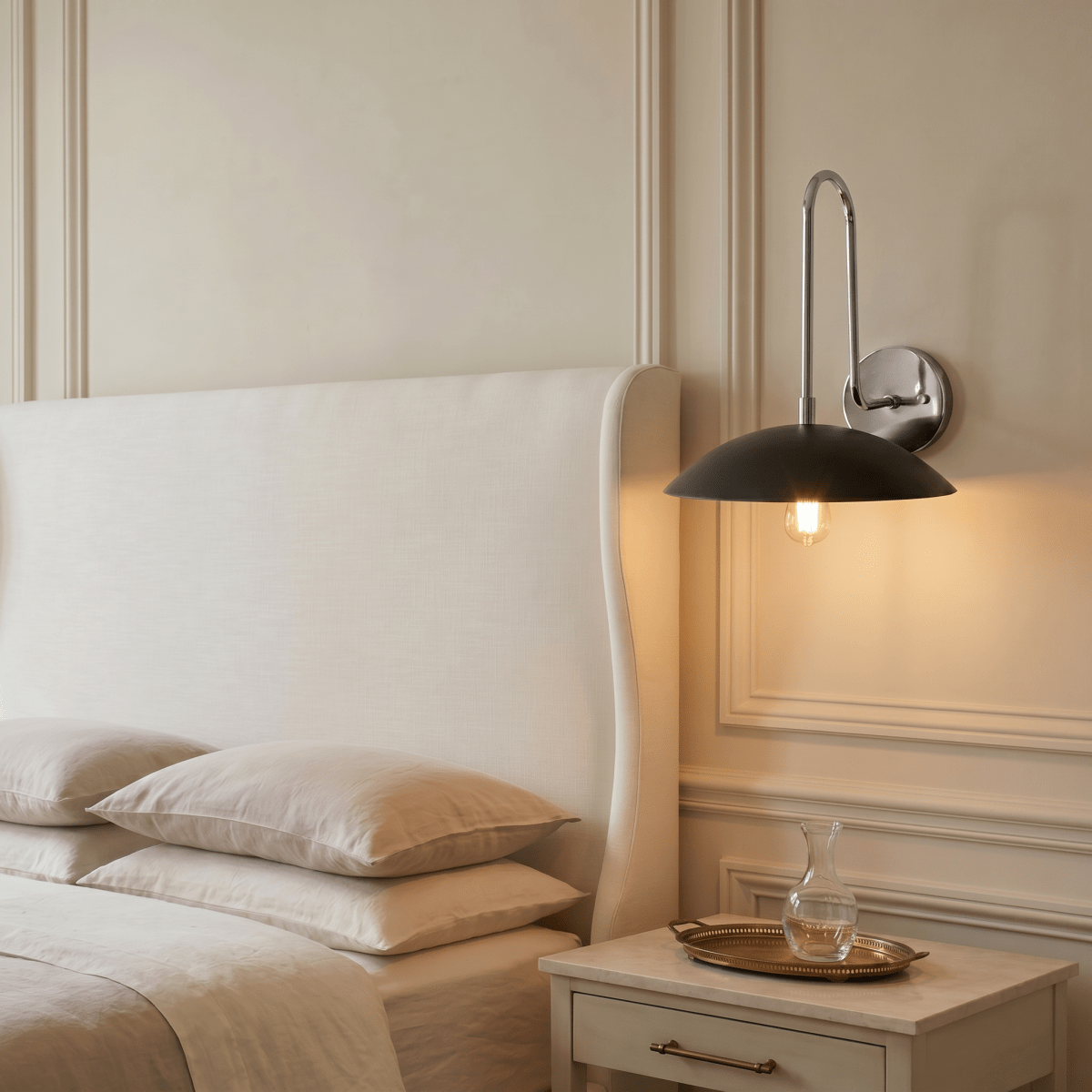 A chrome Clérachic wall lamp lights a bedroom nightstand holding a glass carafe on a tray, beside an upholstered headboard.