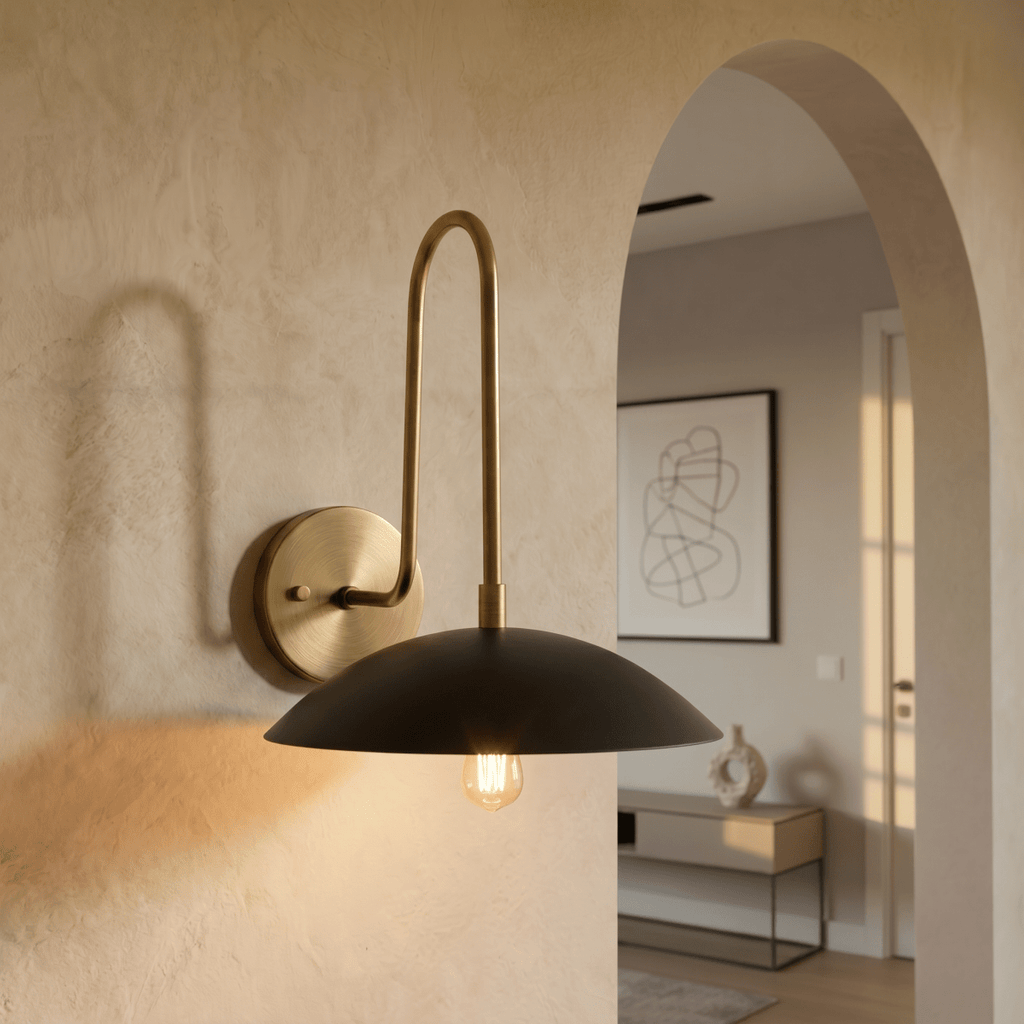 Clérachic wall lamp in brass lights a plaster archway, with an abstract framed print visible in the next room.
