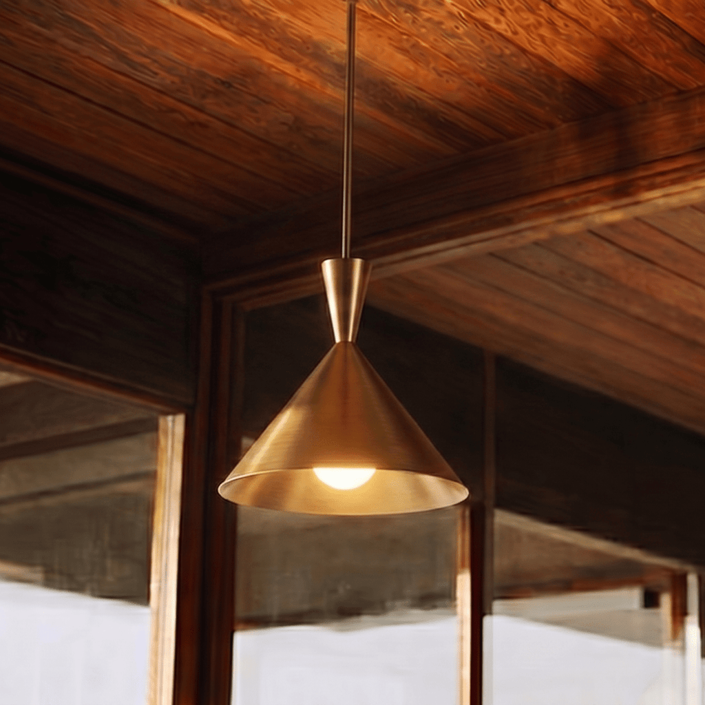 Clérachic cone-shade pendant light in a brass finish, lit at close range against warm timber and window glass, showing how the funnel neck narrows into the top of the cone.