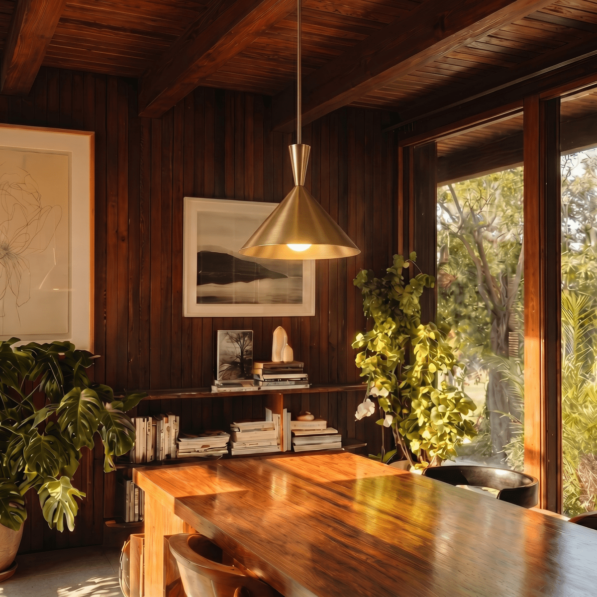 Clérachic cone-shade pendant light in a brass finish, lit low over a long wooden dining table in a book-lined, wood-panelled room.