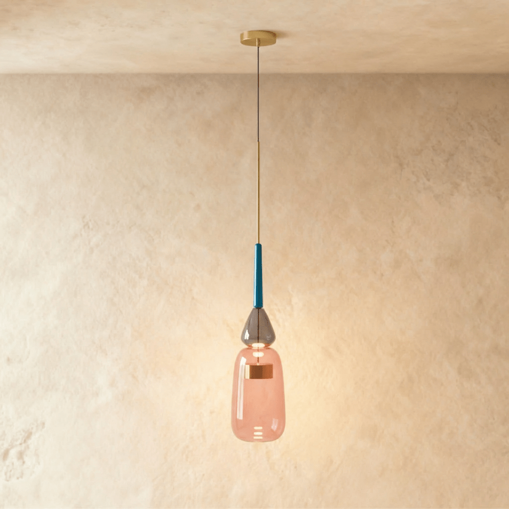 Clérachic pendant light with a smooth salmon-pink glass vessel closed at the base, a smoky teardrop bead and a slim teal glass neck above it.